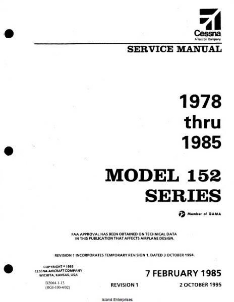 Cessna 152 Series 1978 thru 1985 Service Manual D2064-1-13 with ...