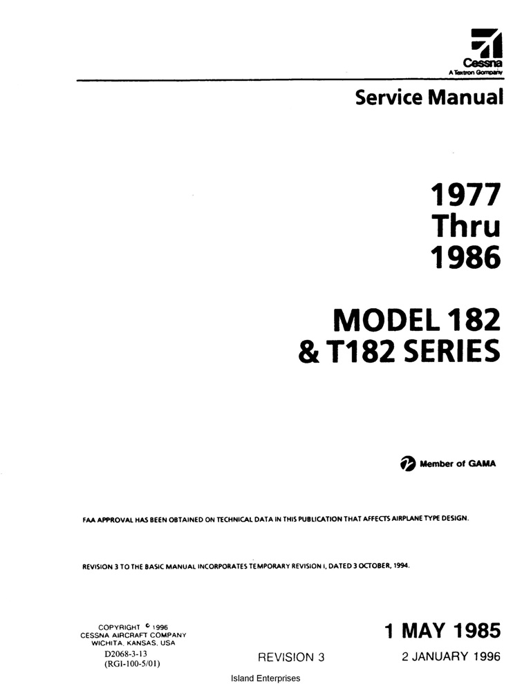 Cessna Model 182 & T182 Series 1977 thru 1986 Service Manual 1996