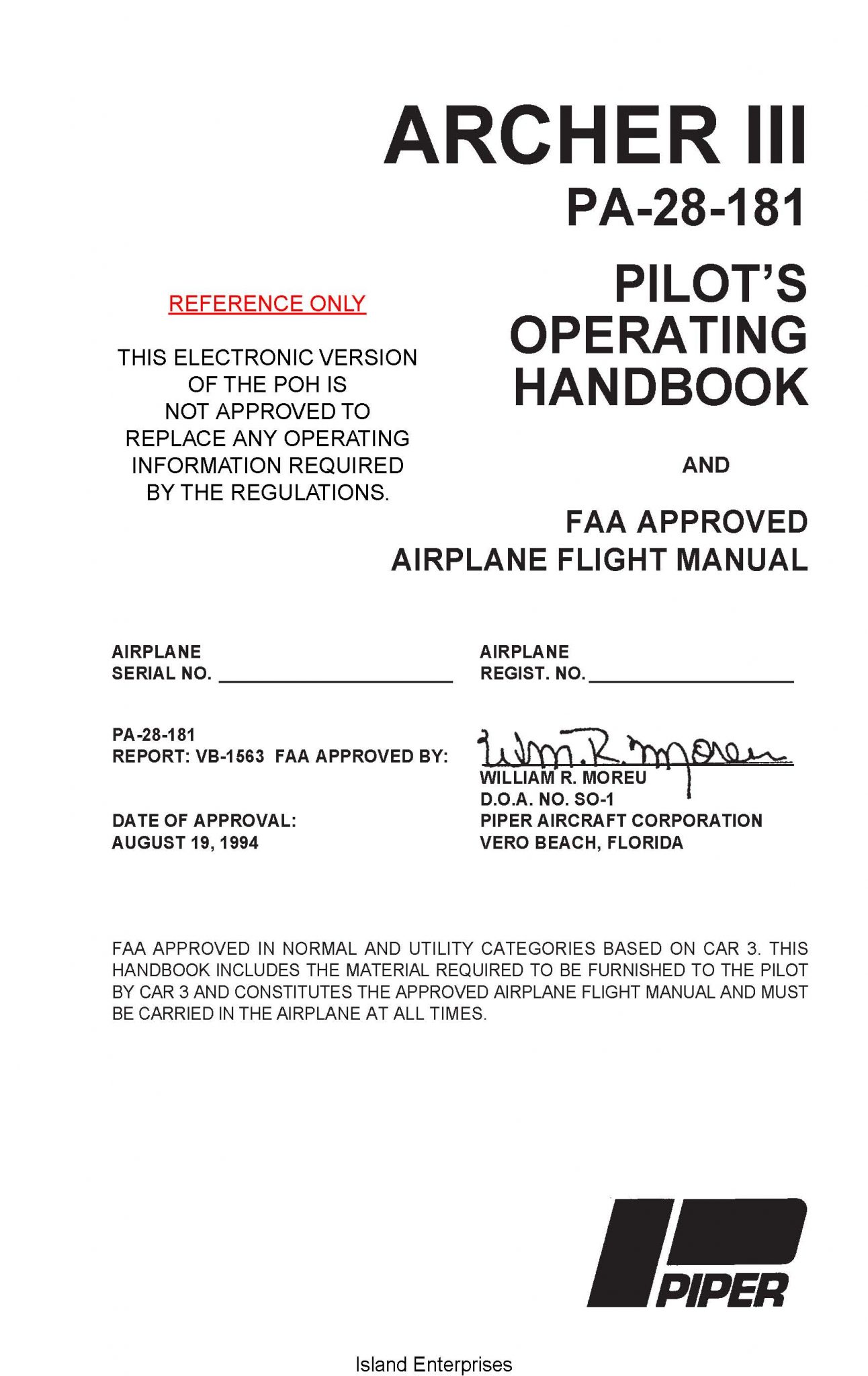 Piper Archer III PA 28 181 Pilot s Operating Handbook VB 1563