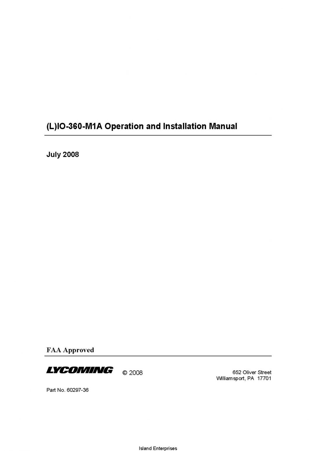 Lycoming IO-360-M1A Operation & Installation Manual Part # 60297-36 ...