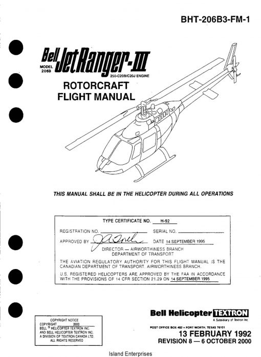 Bell Model 206B Jet RangerIII Rotorcraft Flight Manual BHT206B3FM1