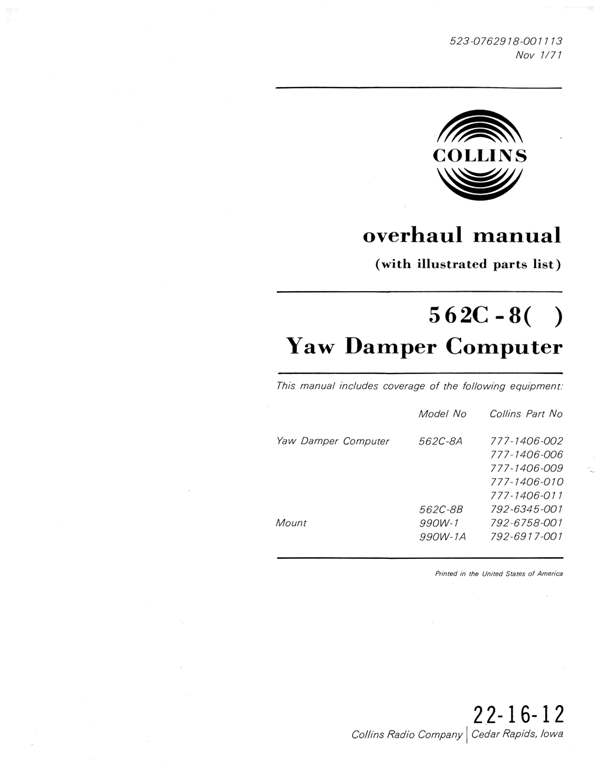 Collins 562c-8 Yaw Damper Computer Overhaul Manual for sale online